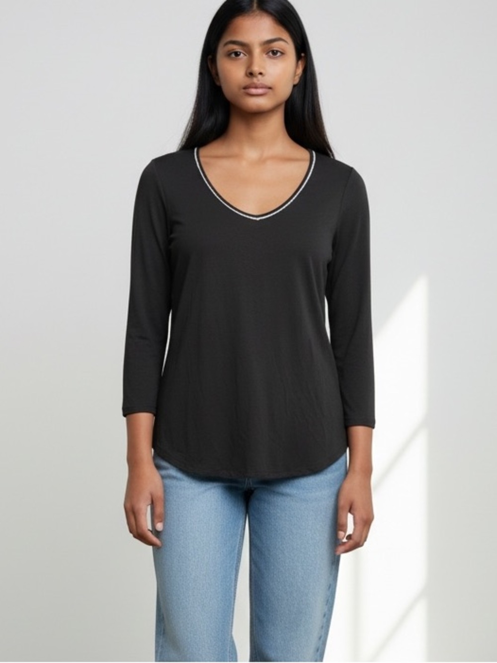 Vince Black Contrast Neck Semi Sheer T Shirt Size XS